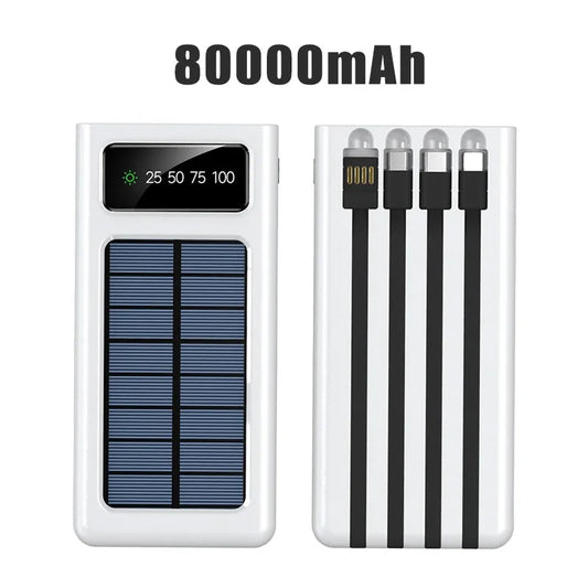 Solar Power Bank Built Cables 80000mAh Solar Charger 2 USB Ports External Charger Powerbank With LED Light For Xiaomi iphone